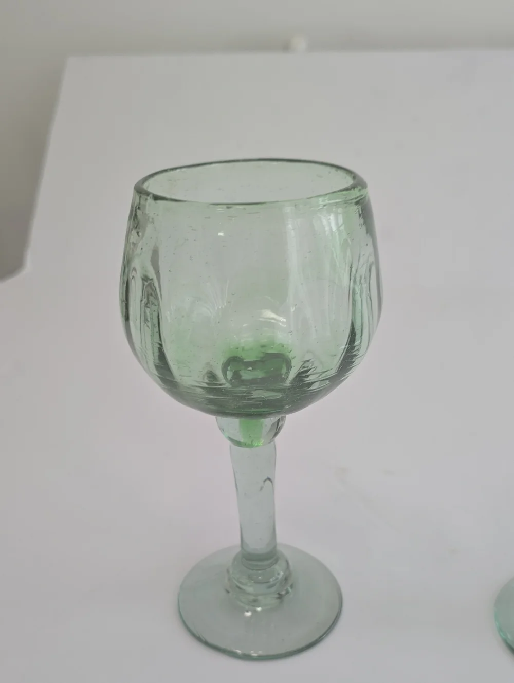 Vintage Set Of 2 Handblown Mexican Green Wine Glasses Recycled Art Glass Bubbles